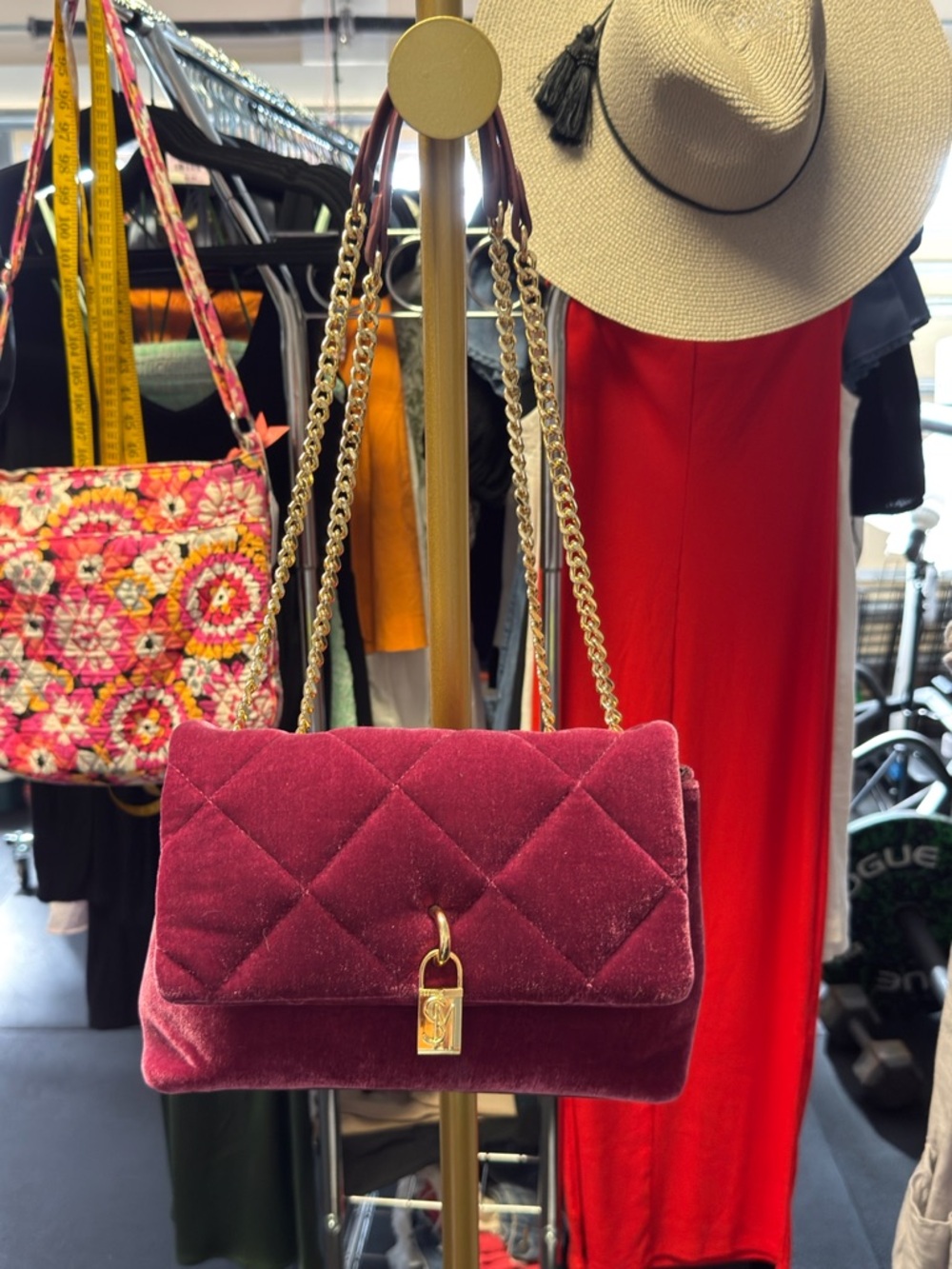 Steve Madden Quilted Velvet Shoulder Bag - Burgundy with Gold Chain